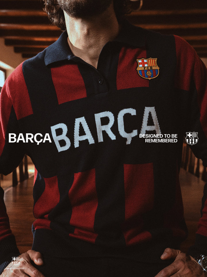 Barcelona FC Stripe 2 Button Long Sleeve Knit Polo Navy