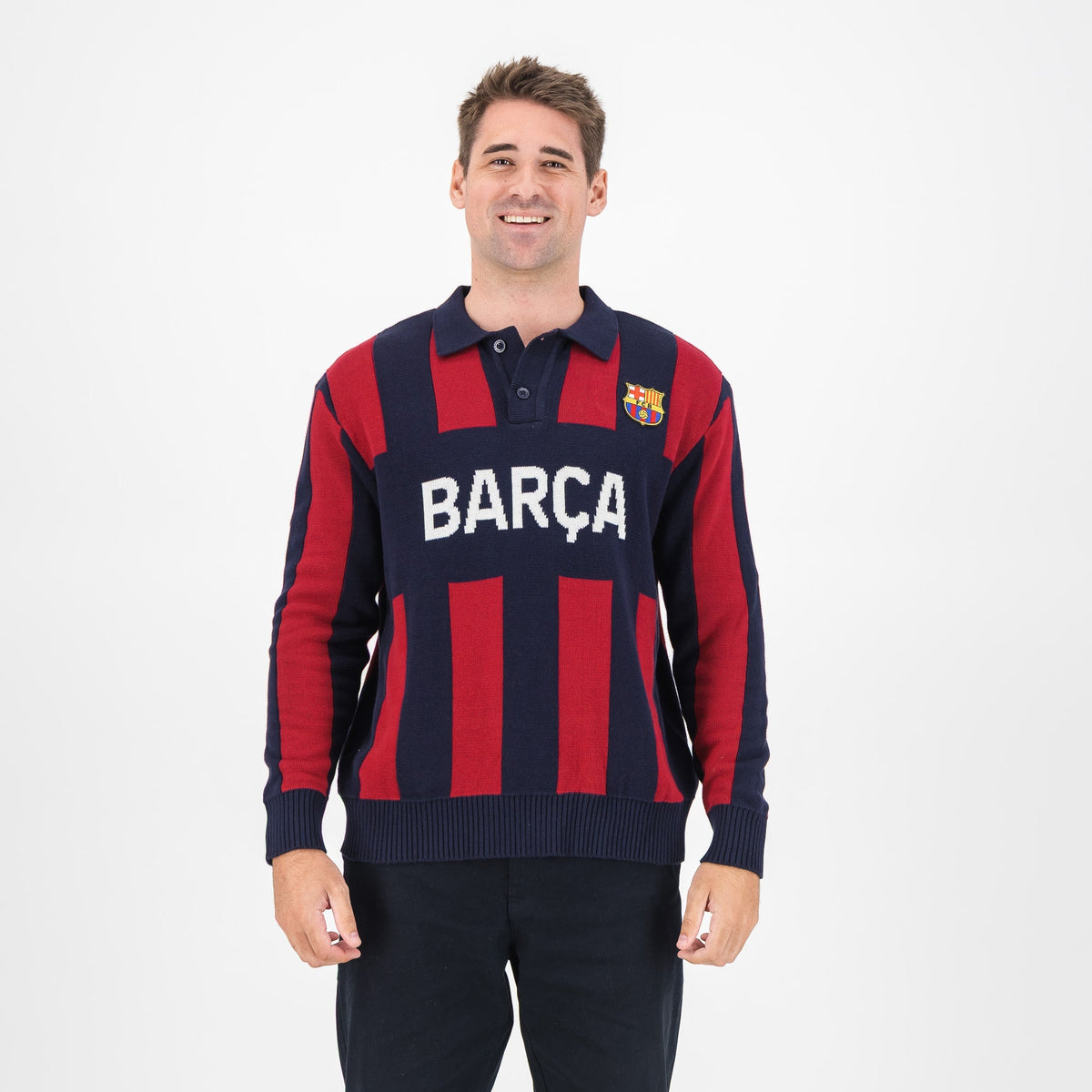 Barcelona FC Stripe 2 Button Polo Knitwear Long Sleeve Yarn Dye Navy - Old School