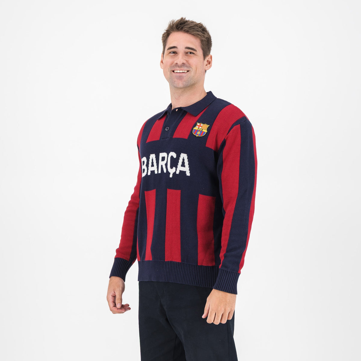 Barcelona FC Stripe 2 Button Polo Knitwear Long Sleeve Yarn Dye Navy - Old School